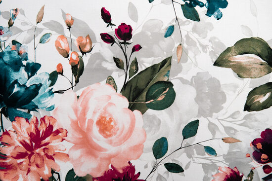 Cotton – Flowers (pink, fuchsia, turquoise) on a white background